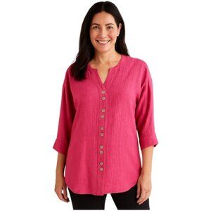 Soft Surroundings XS Hot Pink Linen Cotton Blend Textured Button Down Shirt